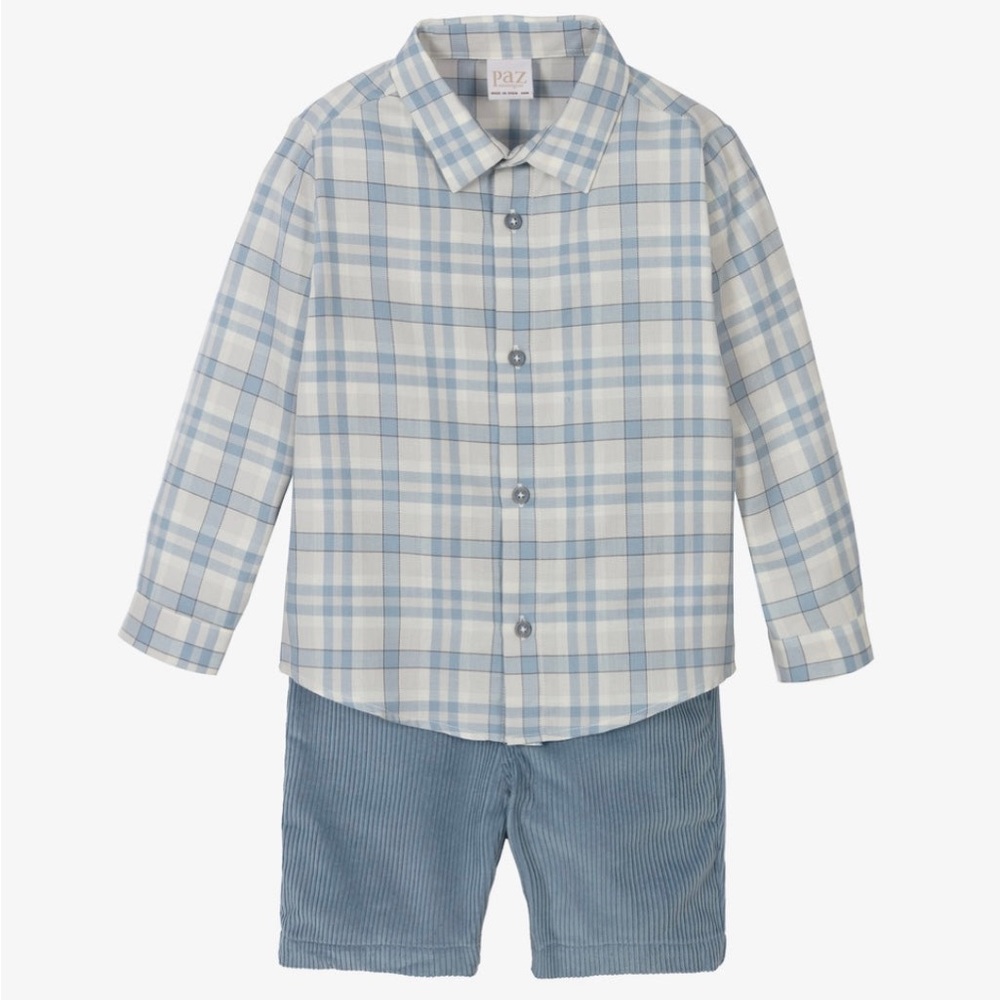 Paz Rodriguez Plaid Shirt and Corduroy Blue Pants cuadros set 4T (48M)